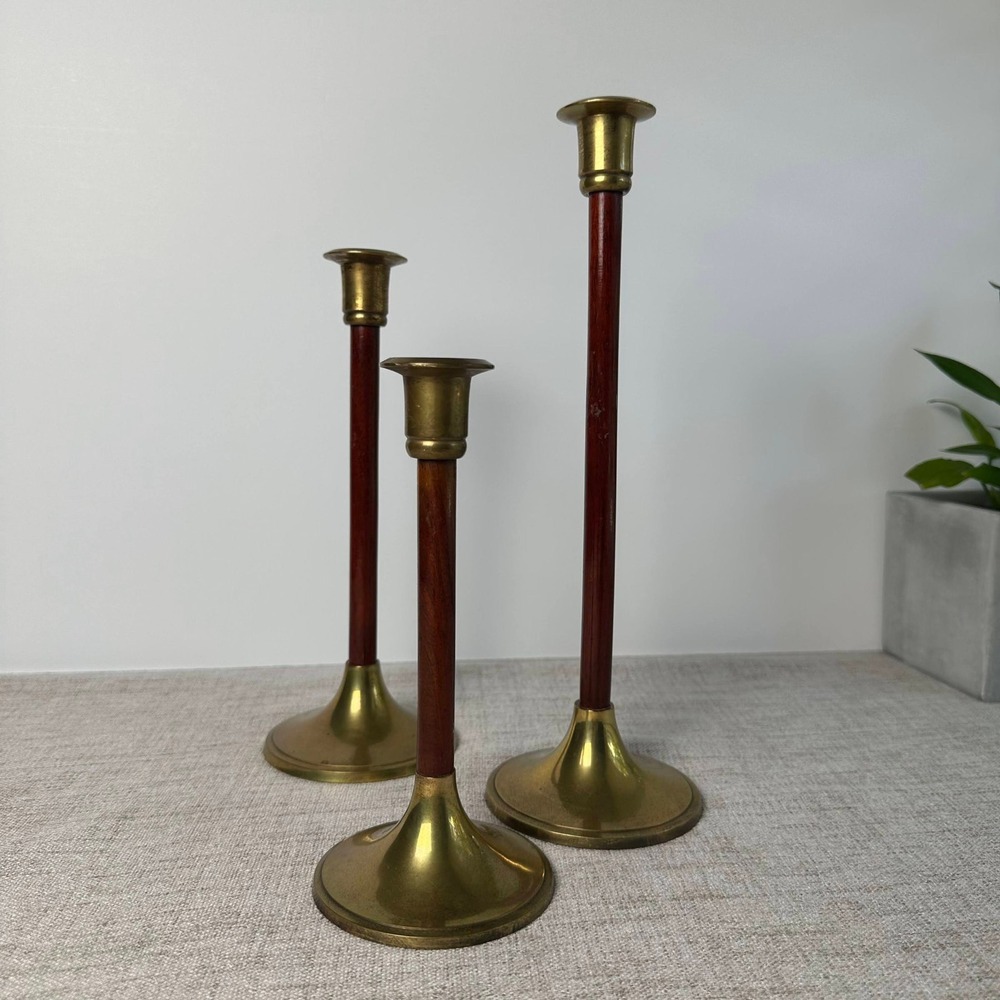 Vintage The Import Collection Brass Wood Candlesticks Set 3 India Graduated